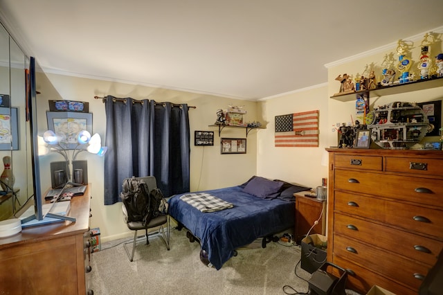 bedroom featuring crown molding and light carpet