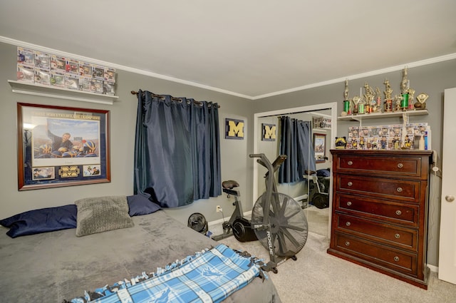 carpeted bedroom with ornamental molding