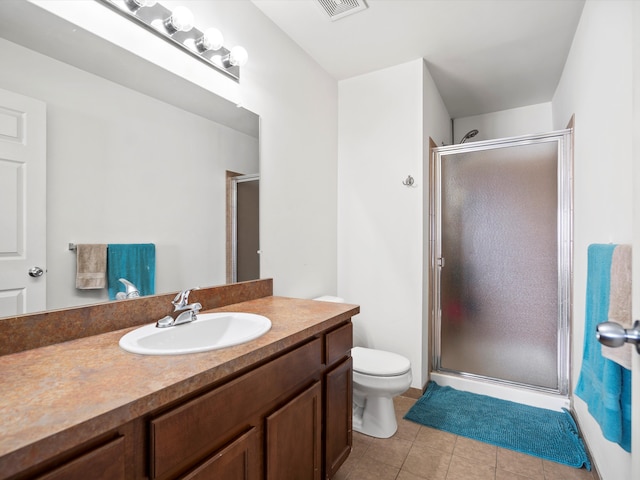 full bath featuring toilet, a stall shower, vanity, and tile patterned floors