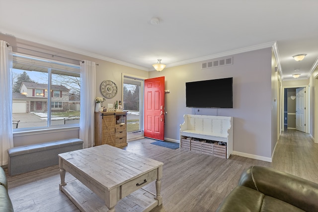 living room featuring ornamental molding and wood-type flooring