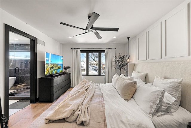 bedroom featuring light wood-style flooring, recessed lighting, a ceiling fan, visible vents, and access to exterior