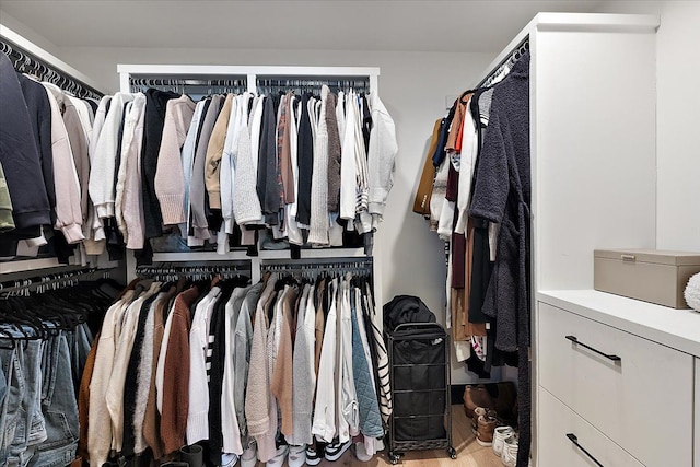 walk in closet with light wood-type flooring