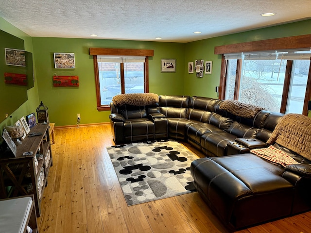 living room with a textured ceiling and light wood-type flooring