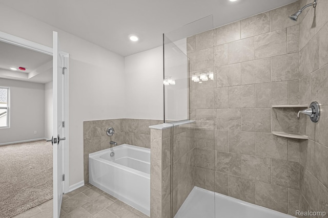 2302 Mill Ln, Saline, MI 48176 - full bathroom featuring a bath, tiled shower, recessed lighting, and baseboards