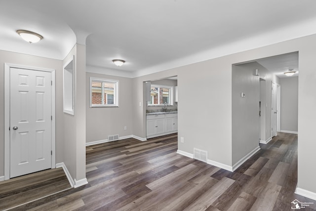 entryway with sink and dark hardwood / wood-style floors