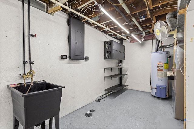 basement featuring sink, electric panel, and water heater