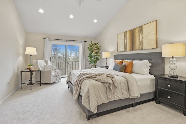 bedroom with access to exterior, baseboards, light colored carpet, lofted ceiling, and recessed lighting