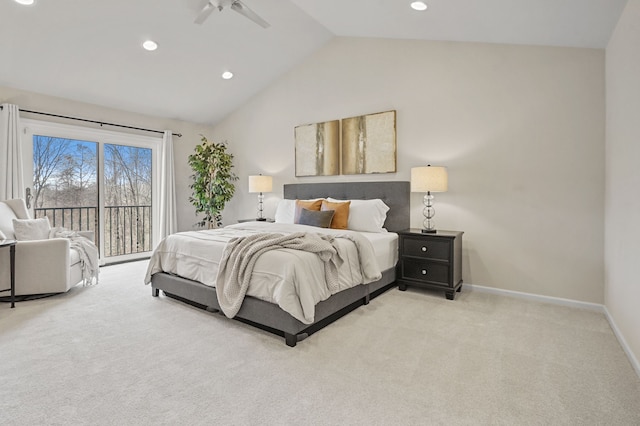 bedroom with baseboards, recessed lighting, vaulted ceiling, access to outside, and light colored carpet