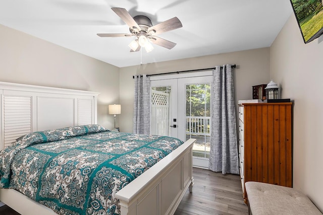 bedroom featuring french doors, access to exterior, ceiling fan, and light hardwood / wood-style flooring