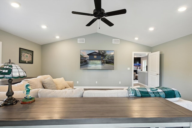 living room featuring lofted ceiling and ceiling fan