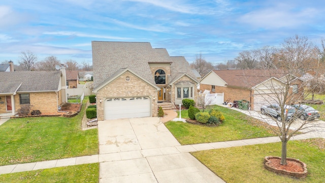 view of front facade with a garage and a front lawn