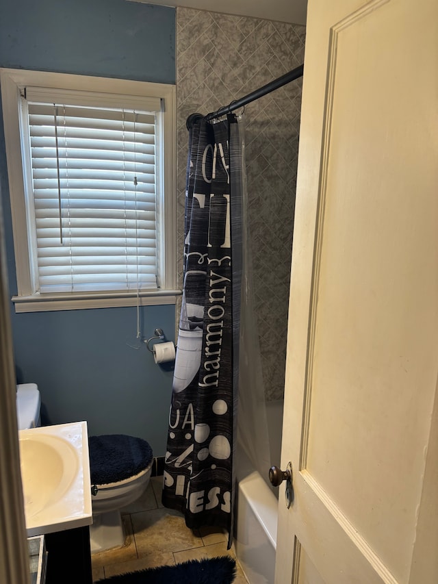 19331 Kingsville St, Harper Woods, MI 48225 - full bathroom featuring vanity, toilet, shower / bath combo with shower curtain, and tile patterned flooring