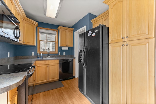 kitchen featuring light wood finished floors, dark countertops, light brown cabinets, a sink, and black appliances