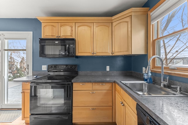 kitchen with light brown cabinets, black appliances, a sink, and a healthy amount of sunlight