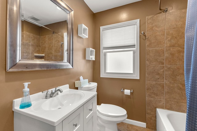 bathroom featuring visible vents, toilet, tile patterned flooring, shower / bathtub combination with curtain, and vanity