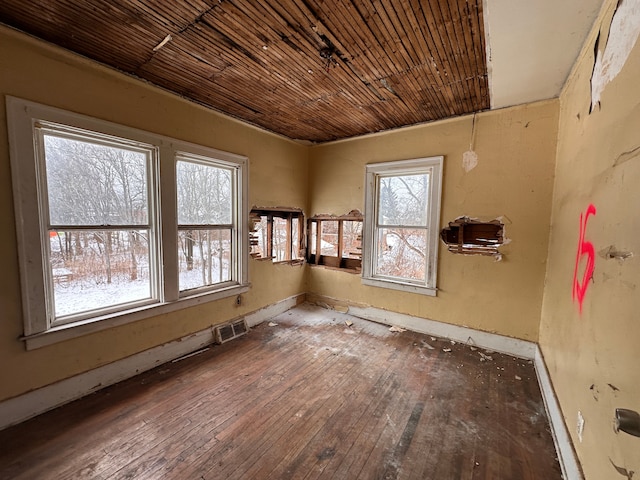 unfurnished room featuring hardwood / wood-style flooring and wooden ceiling