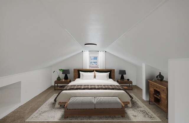 carpeted bedroom with lofted ceiling