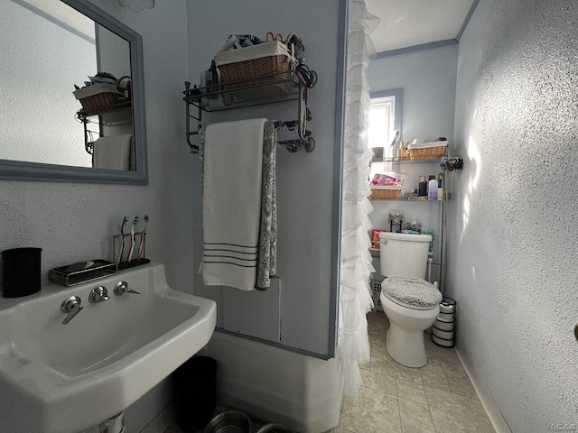 bathroom with sink, crown molding, and toilet