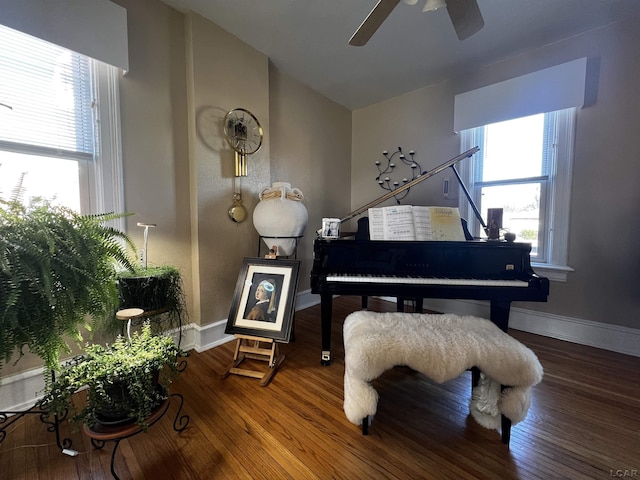 sitting room featuring ceiling fan, lofted ceiling, and hardwood / wood-style floors