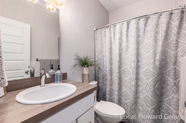 bathroom featuring vanity, toilet, and a shower with shower curtain