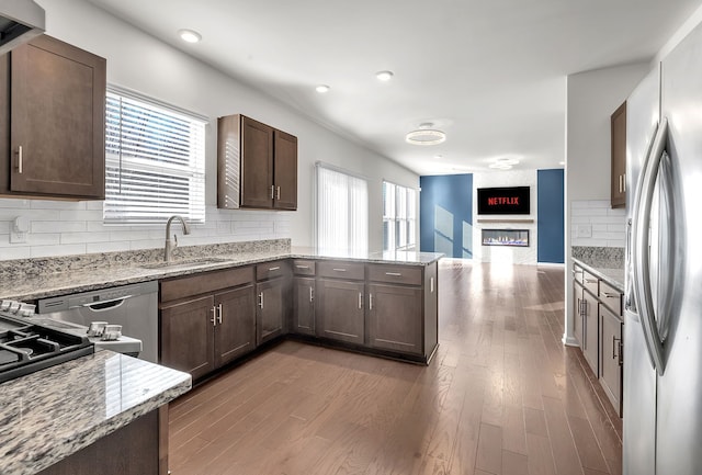 kitchen featuring appliances with stainless steel finishes, a glass covered fireplace, a sink, plenty of natural light, and a peninsula