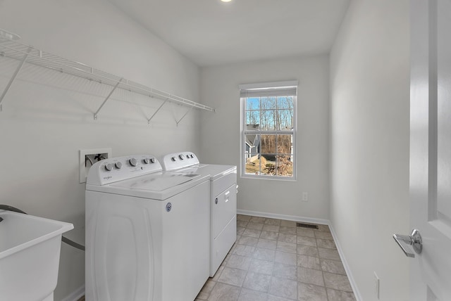 washroom with laundry area, a sink, visible vents, baseboards, and washer and clothes dryer