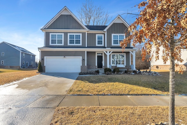 craftsman-style house with a porch, a garage, driveway, board and batten siding, and a front yard