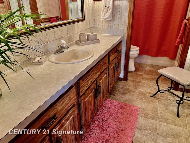 full bathroom featuring vanity, shower / bath combo, and toilet