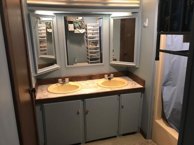 bathroom with double vanity, a shower with curtain, and a sink