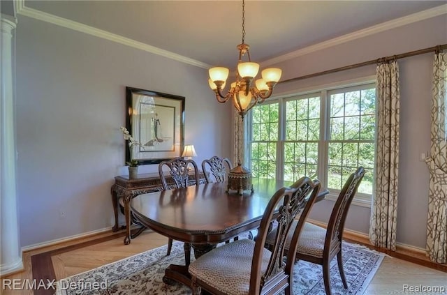 dining area with an inviting chandelier, hardwood / wood-style floors, plenty of natural light, and ornamental molding