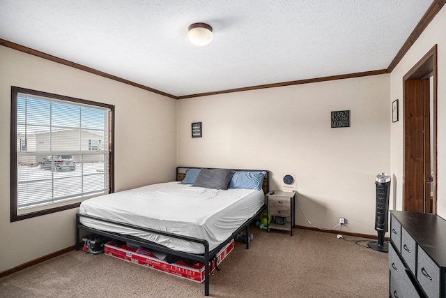 bedroom with light carpet, ornamental molding, and baseboards