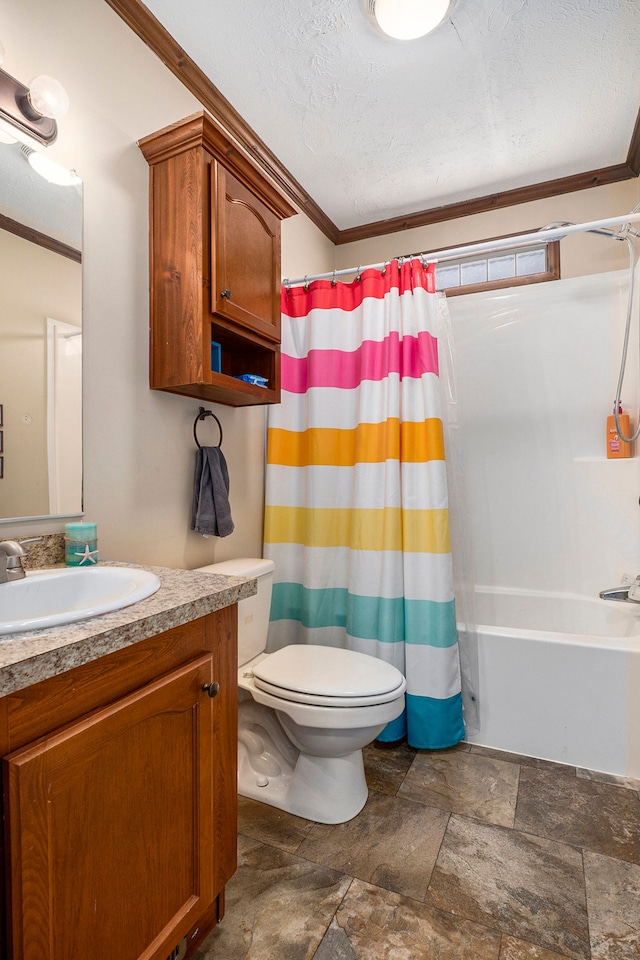 full bath featuring a textured ceiling, toilet, crown molding, vanity, and shower / bathtub combination with curtain