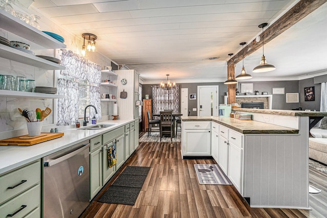 kitchen with dishwasher, sink, white cabinets, dark hardwood / wood-style flooring, and green cabinets