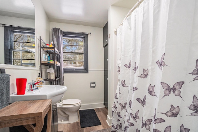 bathroom featuring vanity, hardwood / wood-style flooring, toilet, and a healthy amount of sunlight