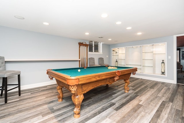 game room featuring recessed lighting, baseboards, and wood finished floors