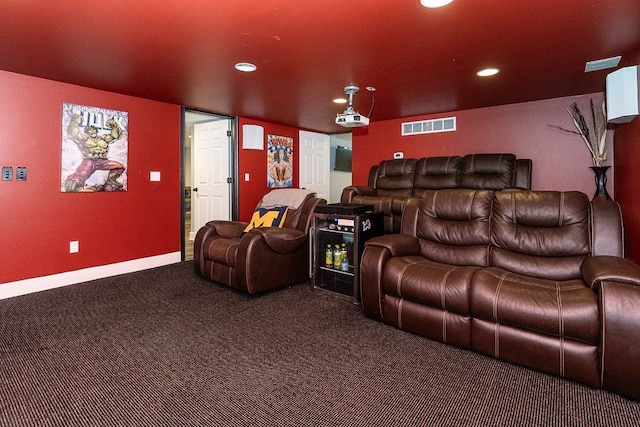 carpeted cinema featuring recessed lighting, visible vents, and baseboards