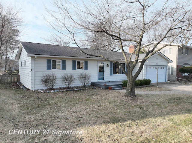 ranch-style home with fence, roof with shingles, concrete driveway, an attached garage, and a chimney