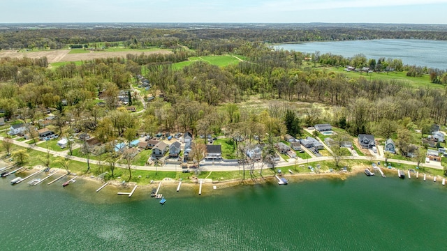 bird's eye view featuring a water view, a view of trees, and a residential view