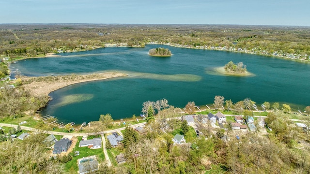 drone / aerial view featuring a view of trees and a water view
