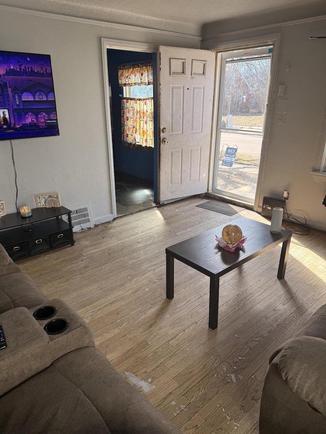 living area featuring visible vents and wood finished floors