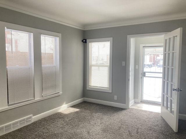 unfurnished room with ornamental molding and carpet floors