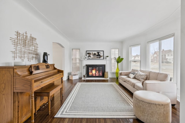 living room with a glass covered fireplace, arched walkways, and wood finished floors