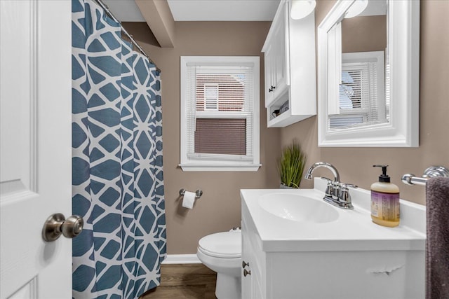 bathroom featuring vanity, wood-type flooring, and toilet