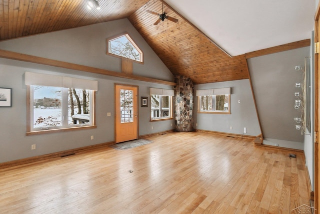 unfurnished living room with wood ceiling, high vaulted ceiling, ceiling fan, and light wood-type flooring