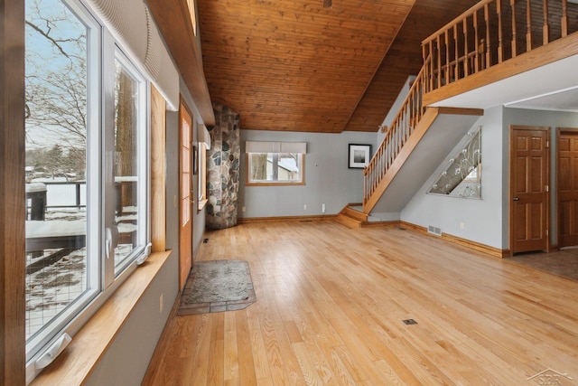 unfurnished living room featuring high vaulted ceiling, light hardwood / wood-style floors, and wooden ceiling