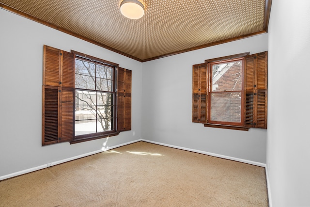 empty room featuring carpet floors and ornamental molding