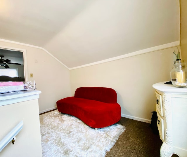 bedroom with lofted ceiling and dark colored carpet