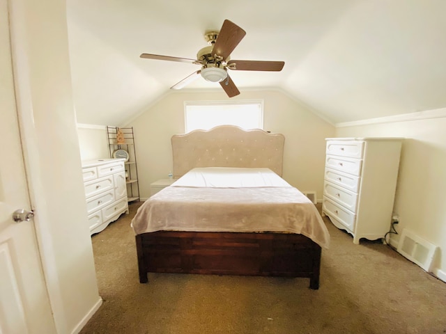 carpeted bedroom featuring ceiling fan and lofted ceiling