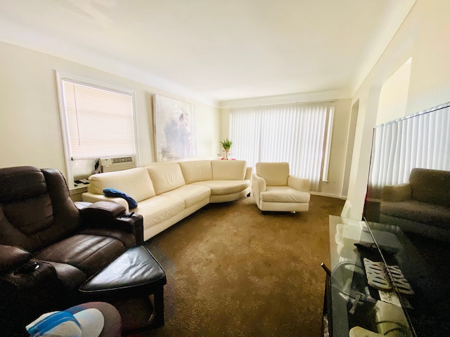 living room featuring dark carpet