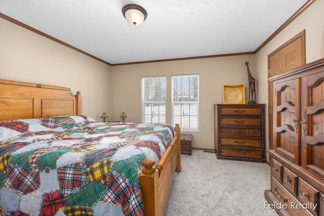 carpeted bedroom with crown molding and a textured ceiling